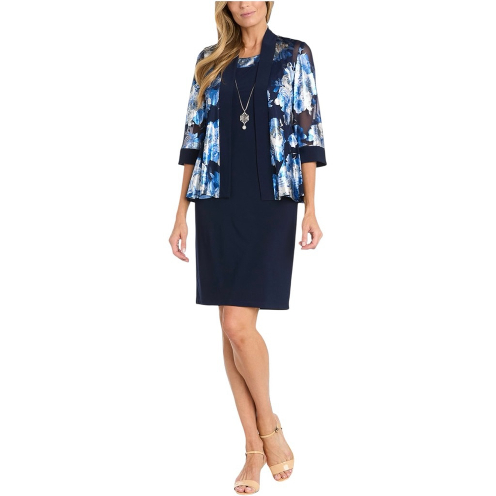 R & M RICHARDS Metallic Foil Floral 2 Piece Dress Jacket Set Navy Silver 22W